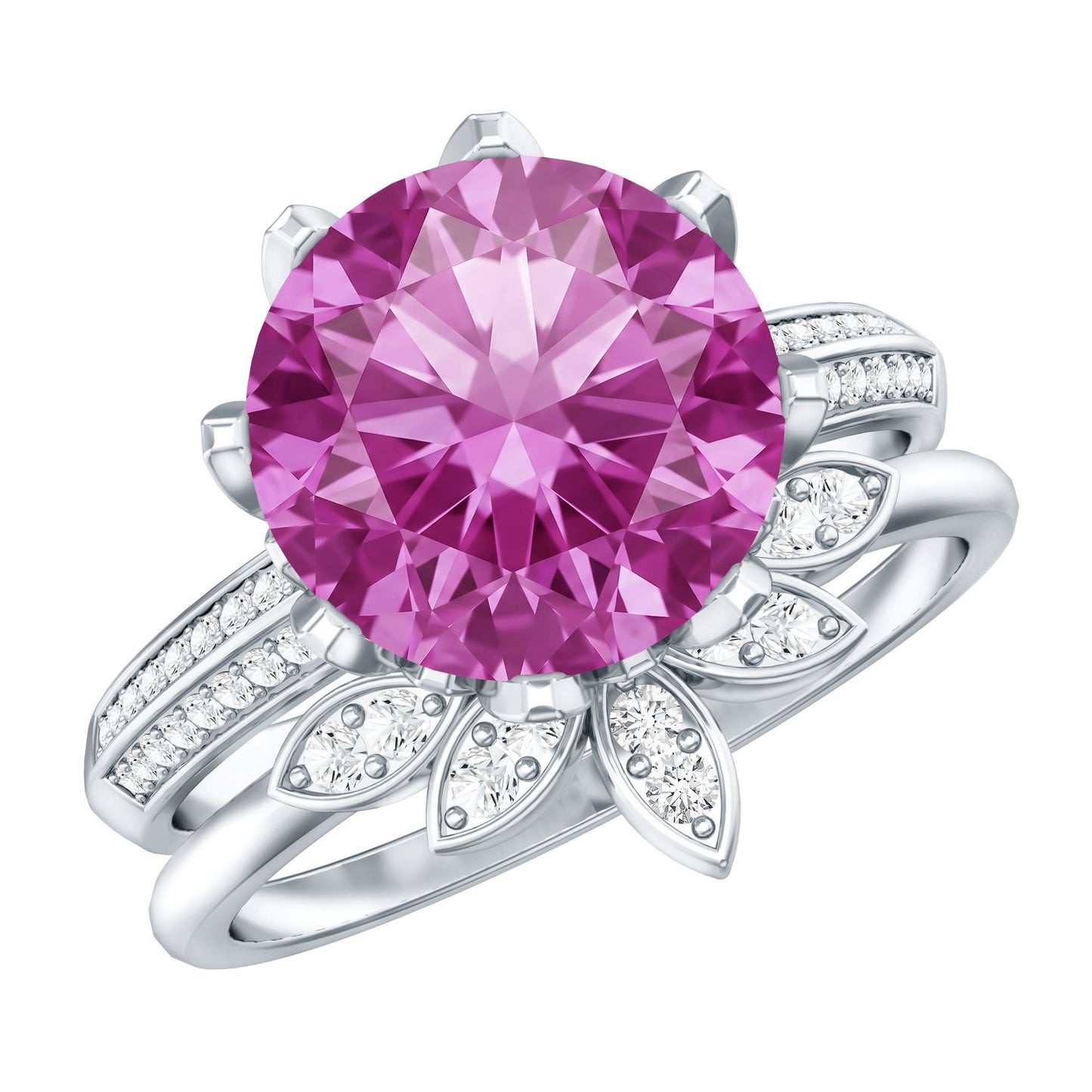 Floral Inspired Lab Grown Pink Sapphire Bridal Wedding Ring Set With Moissanite