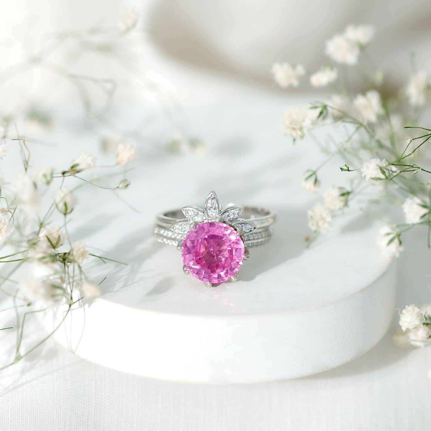 Floral Inspired Lab Grown Pink Sapphire Bridal Wedding Ring Set With Moissanite