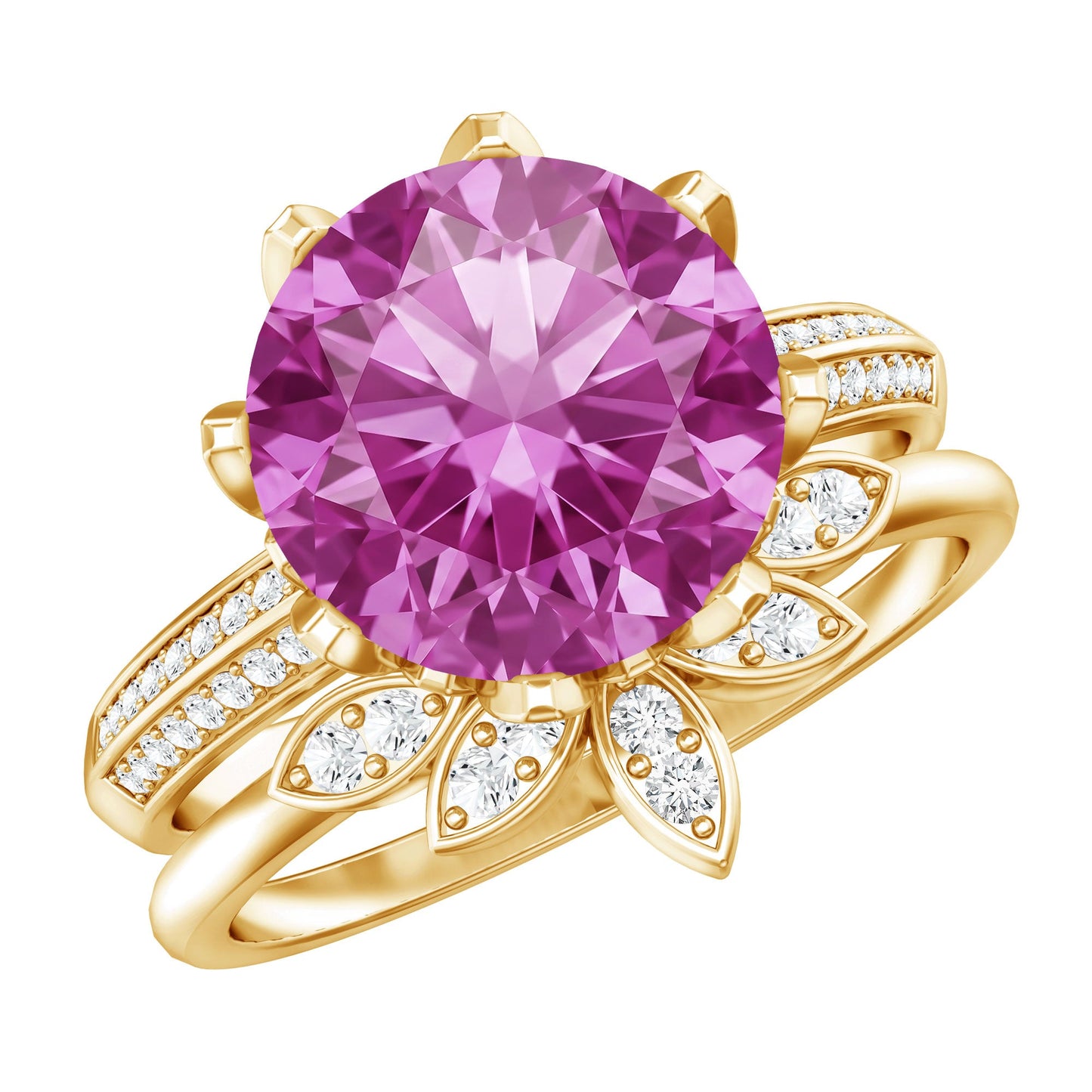 Floral Inspired Lab Grown Pink Sapphire Bridal Wedding Ring Set With Moissanite