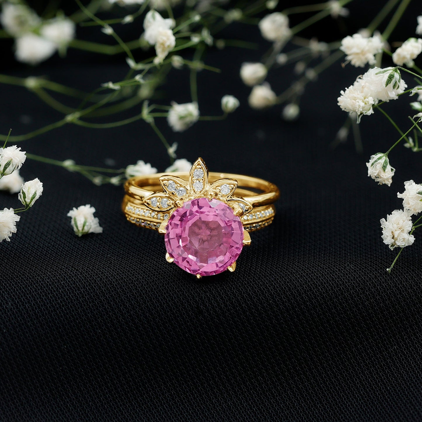 Floral Inspired Lab Grown Pink Sapphire Bridal Wedding Ring Set With Moissanite