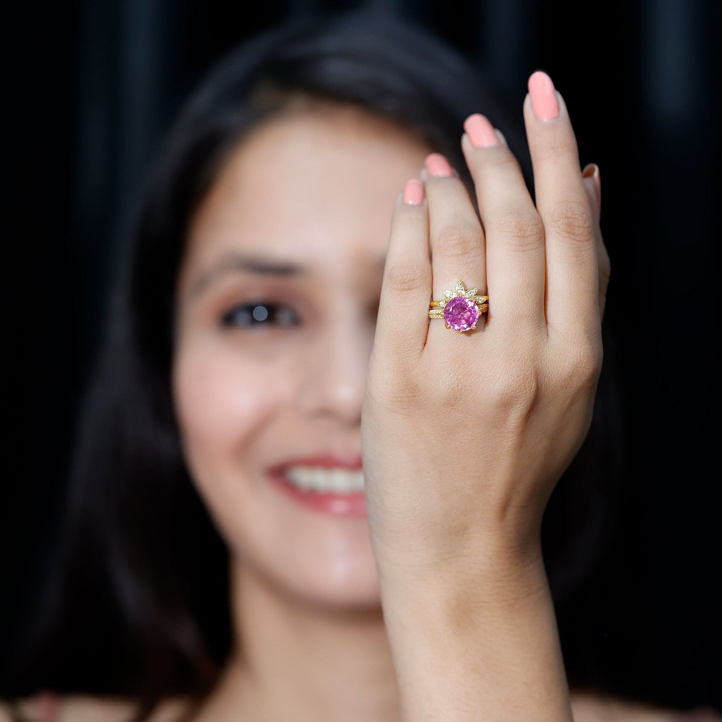 Floral Inspired Lab Grown Pink Sapphire Bridal Wedding Ring Set With Moissanite
