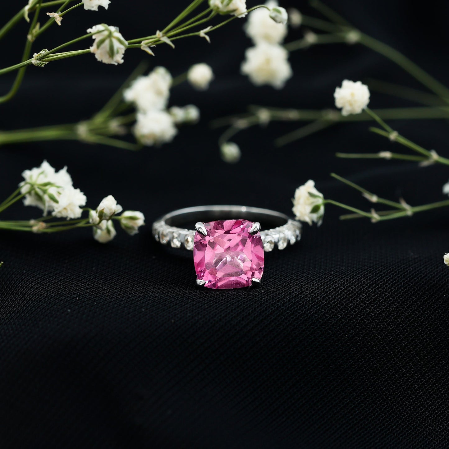 2.75 Carat Cushion Cut Lab Created Pink Sapphire Engagement Ring with Diamond