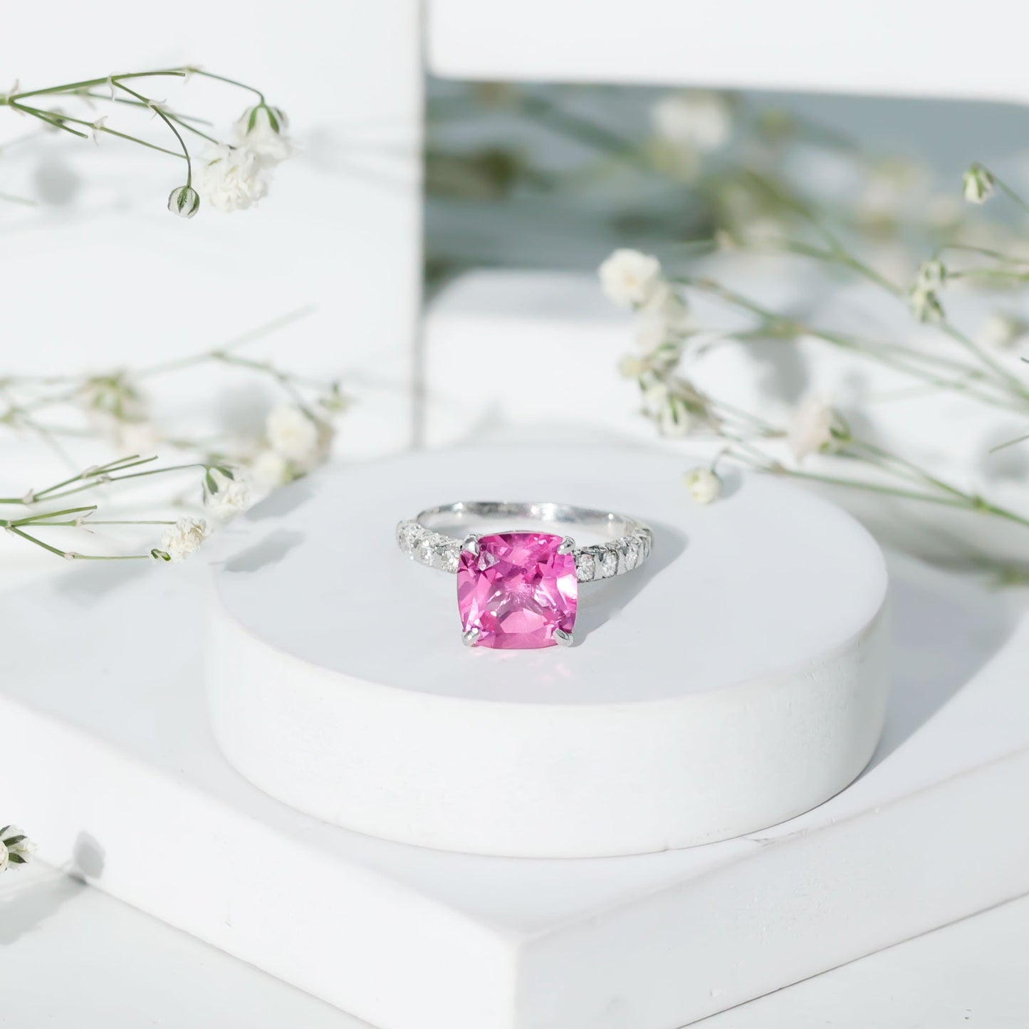 2.75 Carat Cushion Cut Lab Created Pink Sapphire Engagement Ring with Diamond