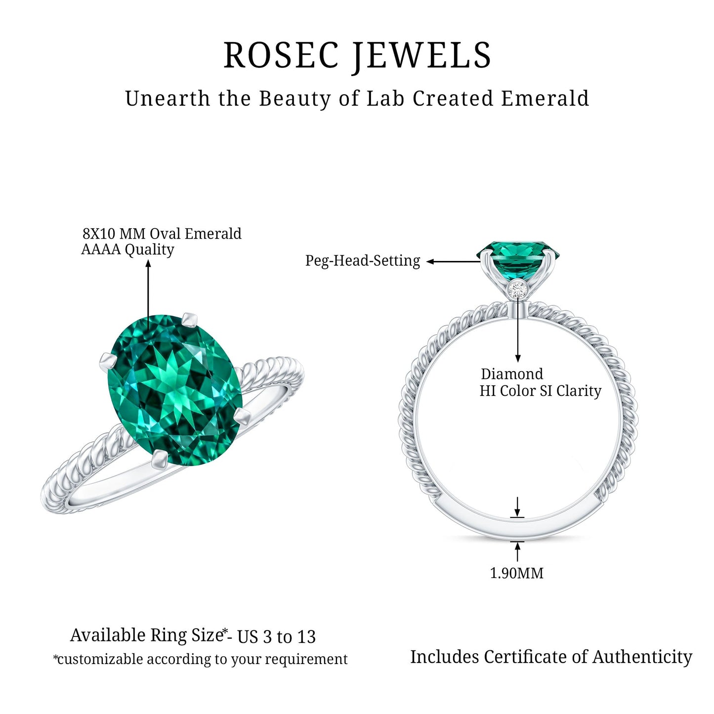 Certified 3 Carat Oval Lab Grown Emerald Ring for Engagement