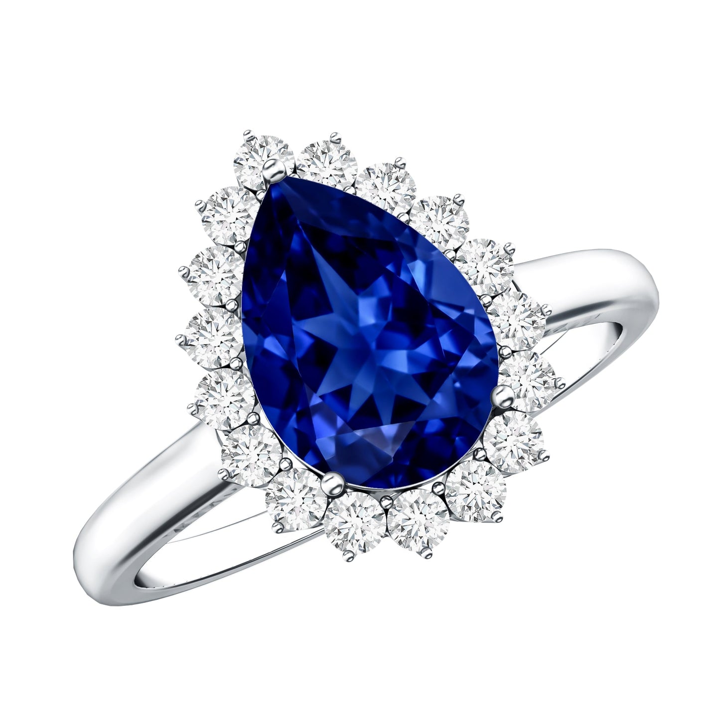 Certified 3.3 Carat Lab Grown Pear Shaped Blue Sapphire Engagement Ring with Diamond Halo