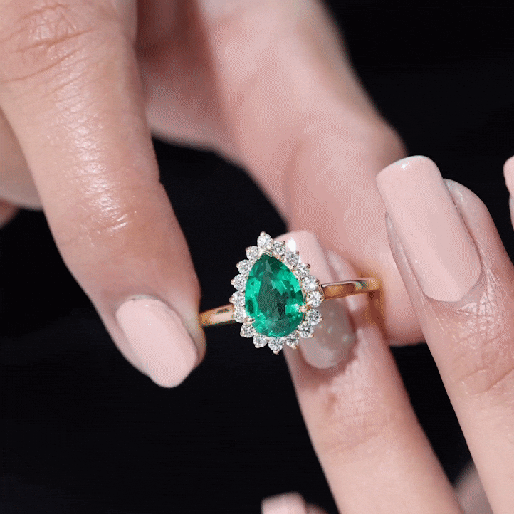 2 Carat Pear Cut Lab Created Emerald Halo Engagement Ring with Diamond