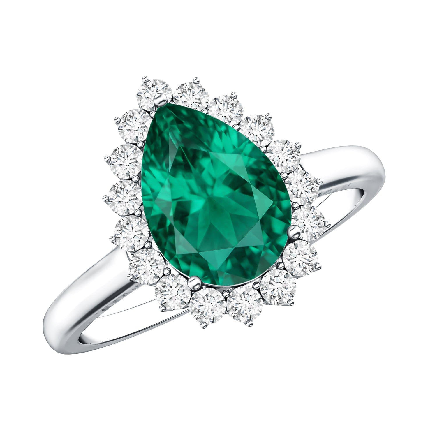 2 Carat Pear Cut Lab Created Emerald Halo Engagement Ring with Diamond
