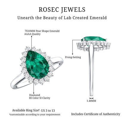 2 Carat Pear Cut Lab Created Emerald Halo Engagement Ring with Diamond