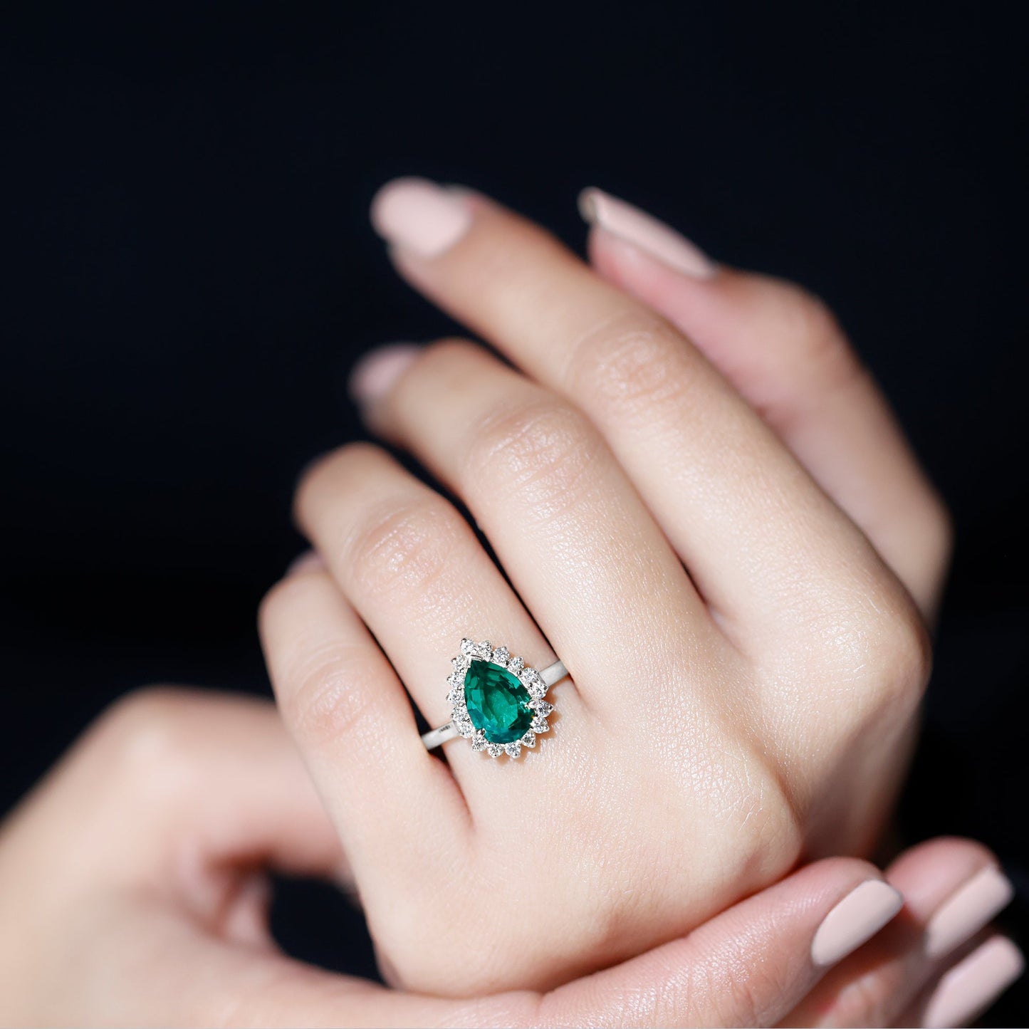 2 Carat Pear Cut Lab Created Emerald Halo Engagement Ring with Diamond