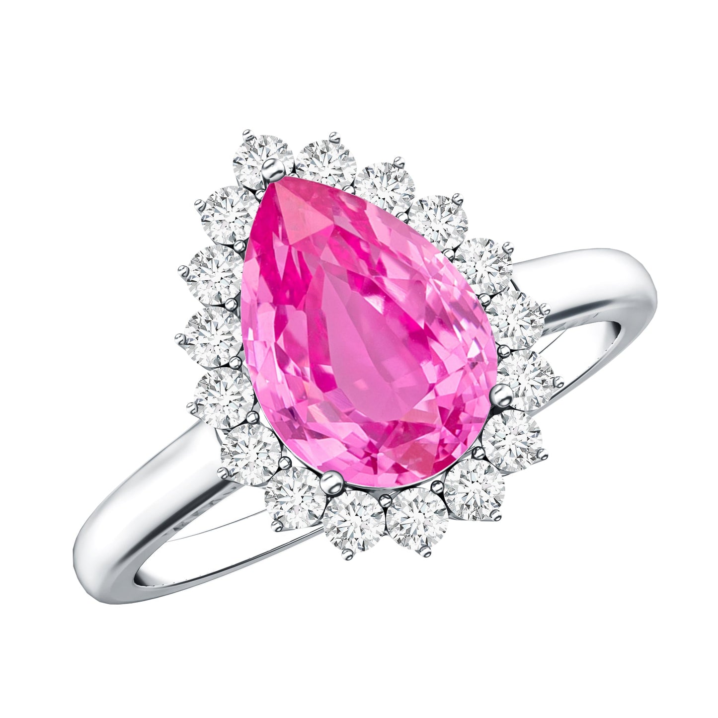 Pear Created Pink Sapphire and Diamond Halo Engagement Ring