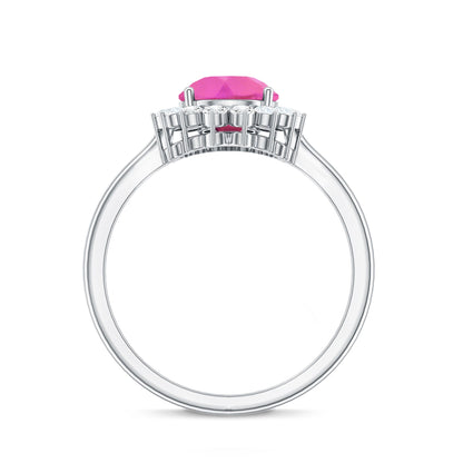 Pear Created Pink Sapphire and Diamond Halo Engagement Ring