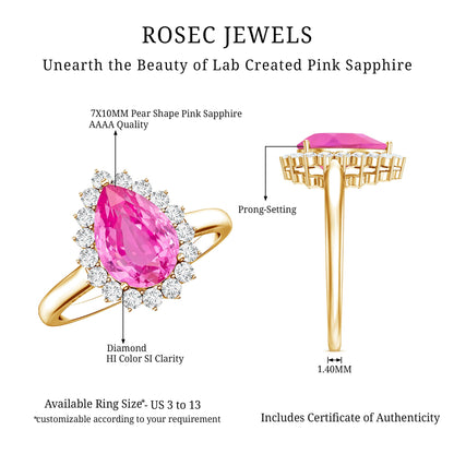 Pear Created Pink Sapphire and Diamond Halo Engagement Ring