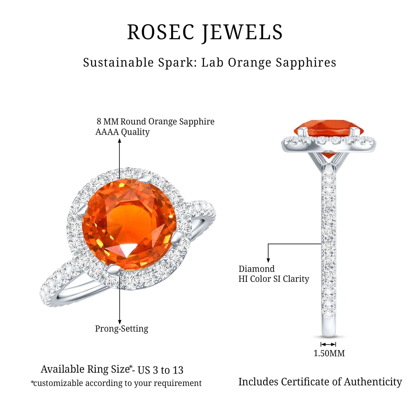 Certified 2.25 Carat Lab Grown Orange Sapphire Engagement Ring with Diamond Halo