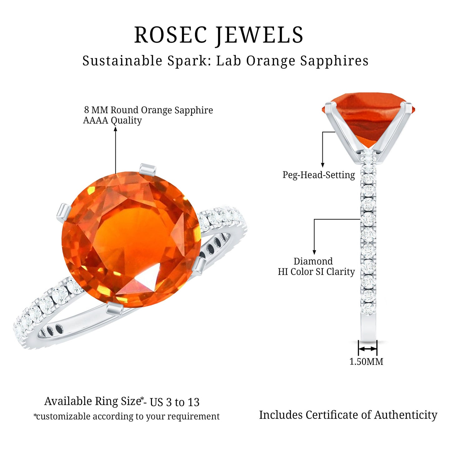 Solitaire 2.25 Carat Lab Grown Orange Sapphire Engagement Ring with Diamond