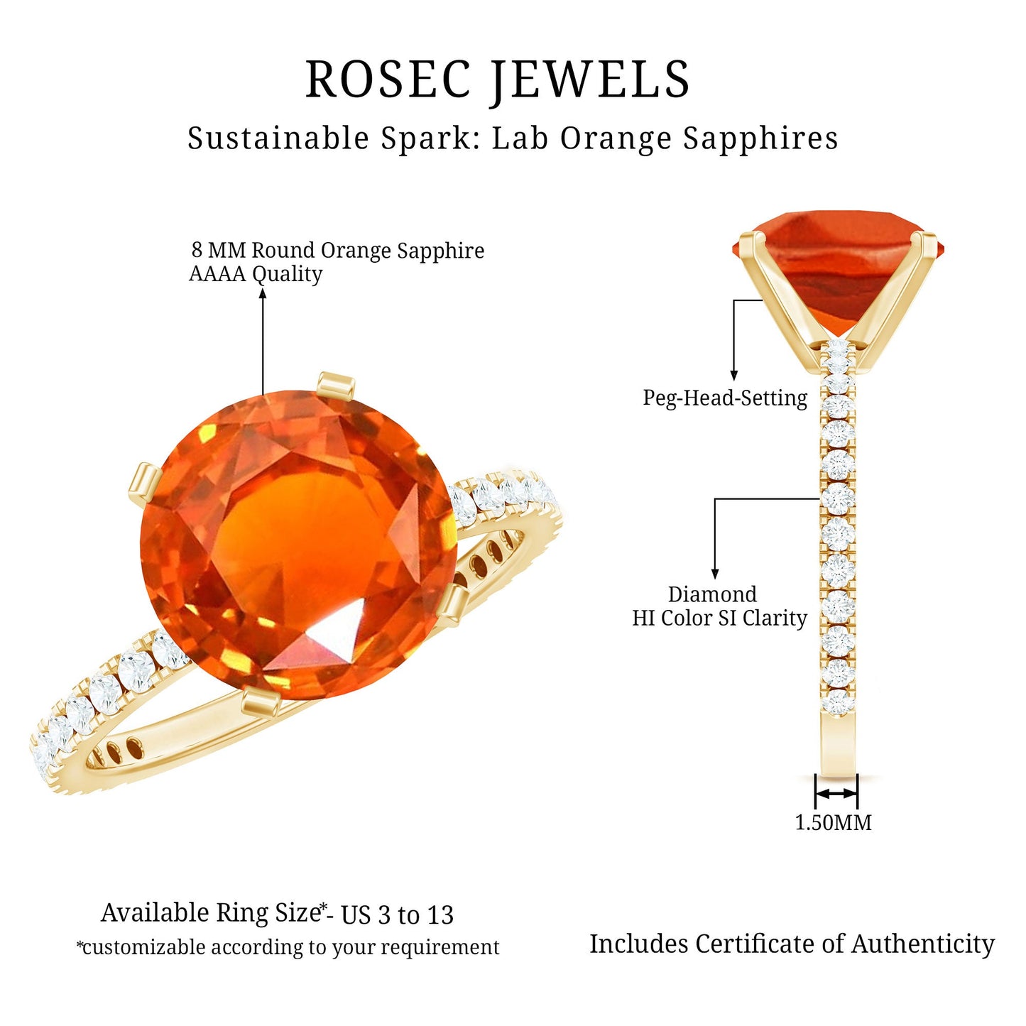 Solitaire 2.25 Carat Lab Grown Orange Sapphire Engagement Ring with Diamond