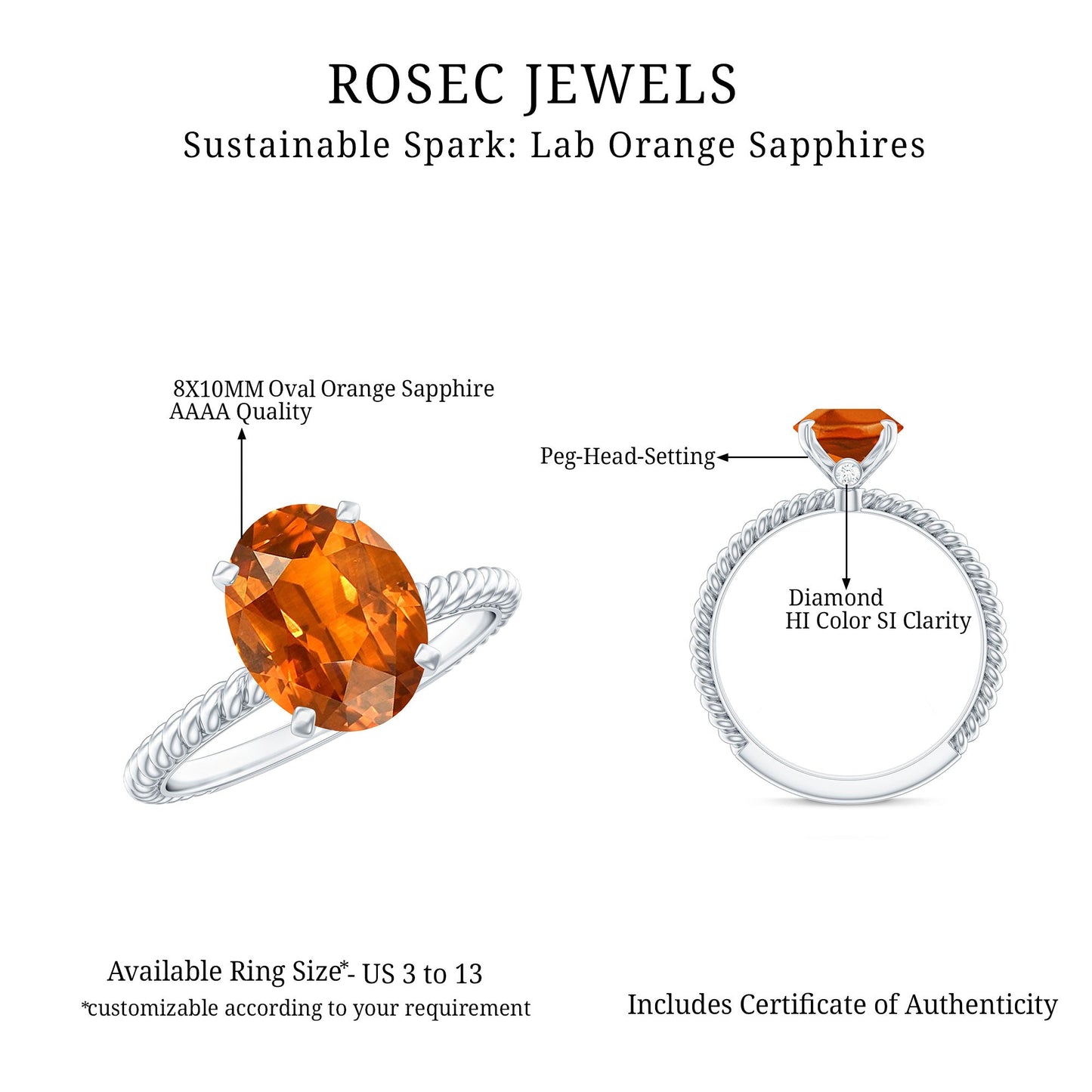 4 Carat Lab Grown Orange Sapphire Engagement Ring with Diamond