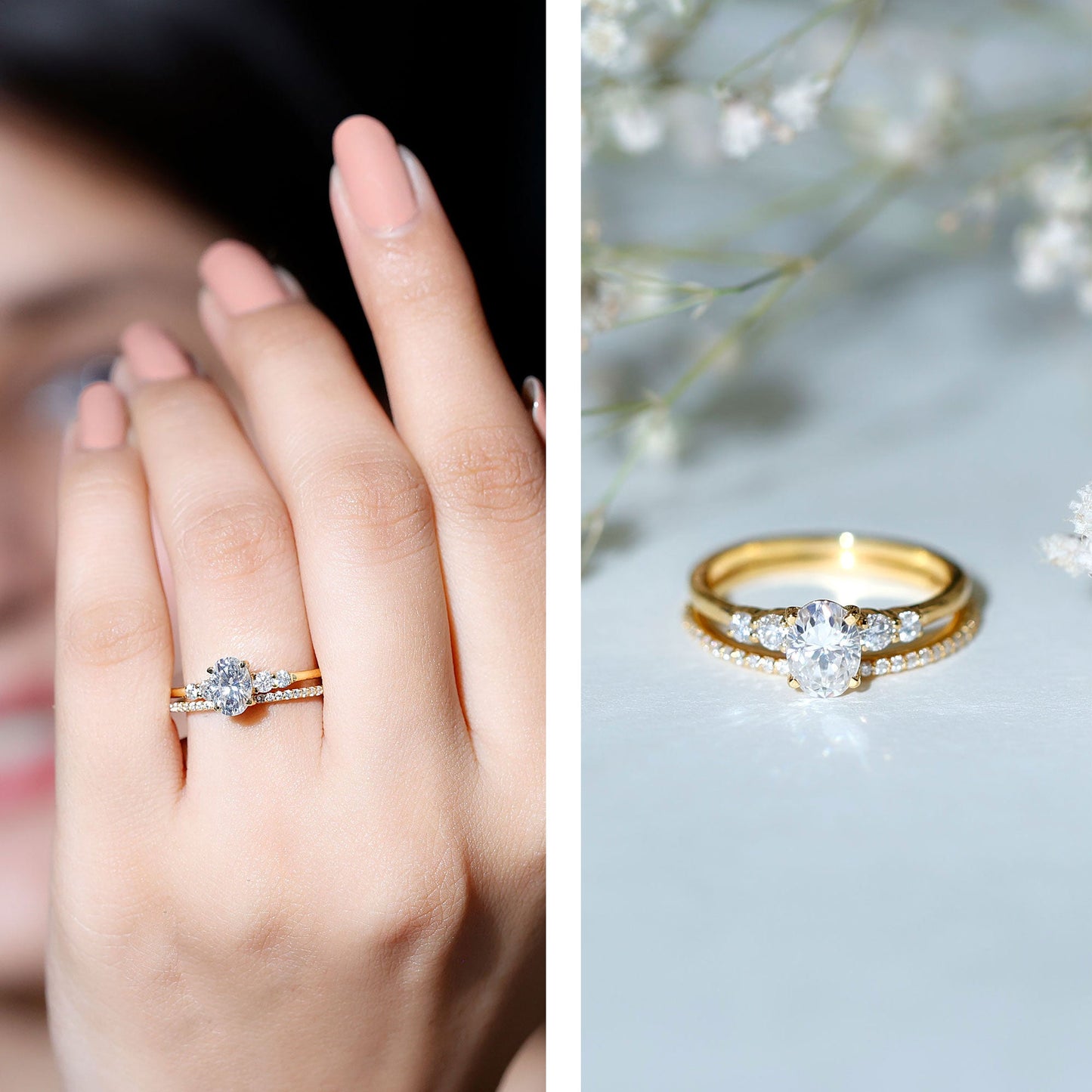 Certified 0.75 Carat Oval Lab Grown Diamond Wedding Bridal Ring Set