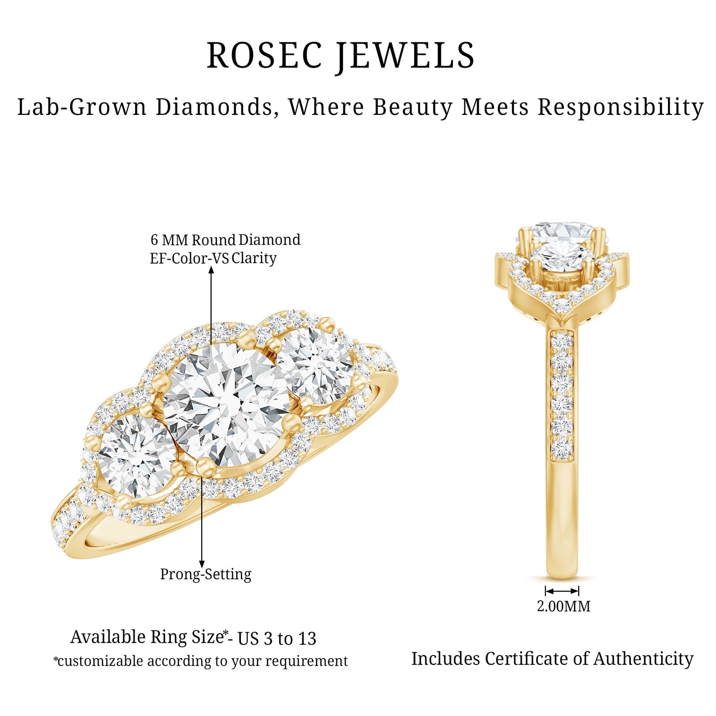 Certified Lab Grown Diamond 3 Stone Engagement Ring