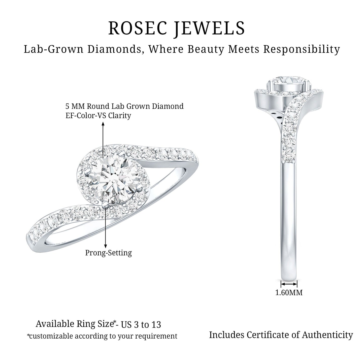 Certified 0.4 Carat Lab Grown Diamond Bypass Engagement Ring