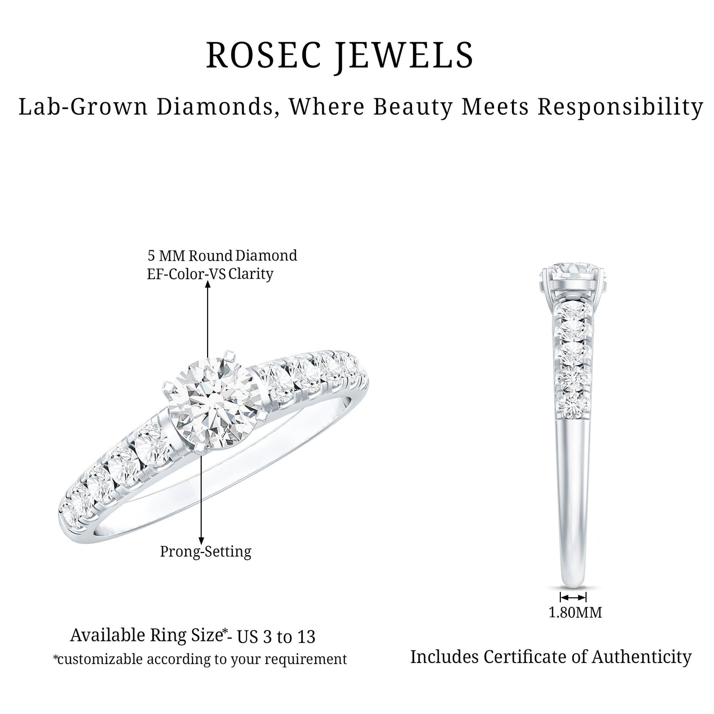 Lab Grown Diamond Classic Engagement Ring With Side Stones