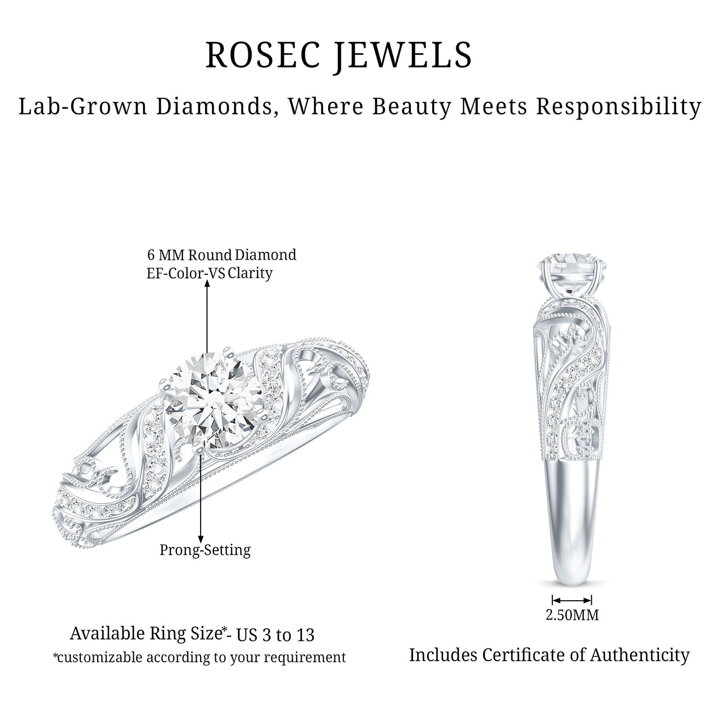 Certified 0.9 Carat Lab Grown Diamond Vintage Looking Engagement Ring