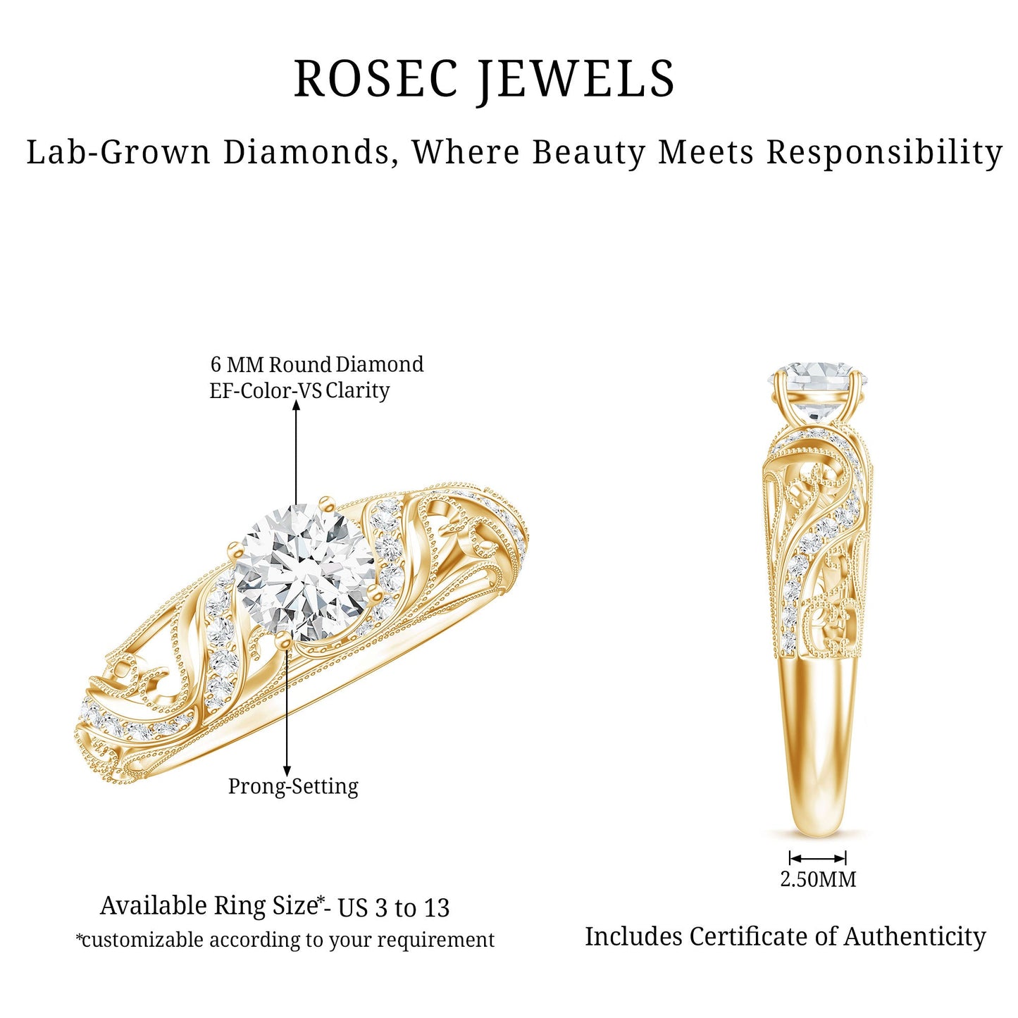 Certified 0.9 Carat Lab Grown Diamond Vintage Looking Engagement Ring