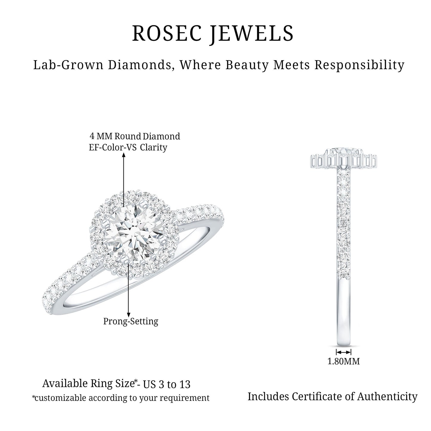 Lab Grown Diamond Halo Engagement Ring With Side Stones