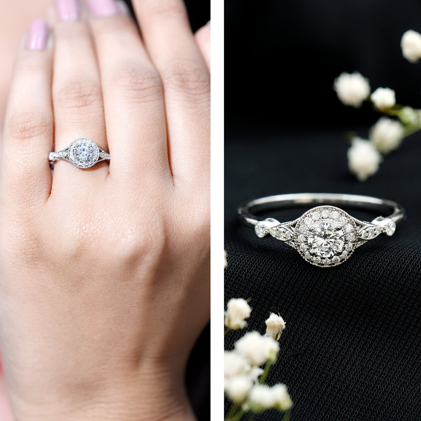 Vintage Looking 0.4 Carat Lab Grown Diamond Halo Engagement Ring With Side Stones
