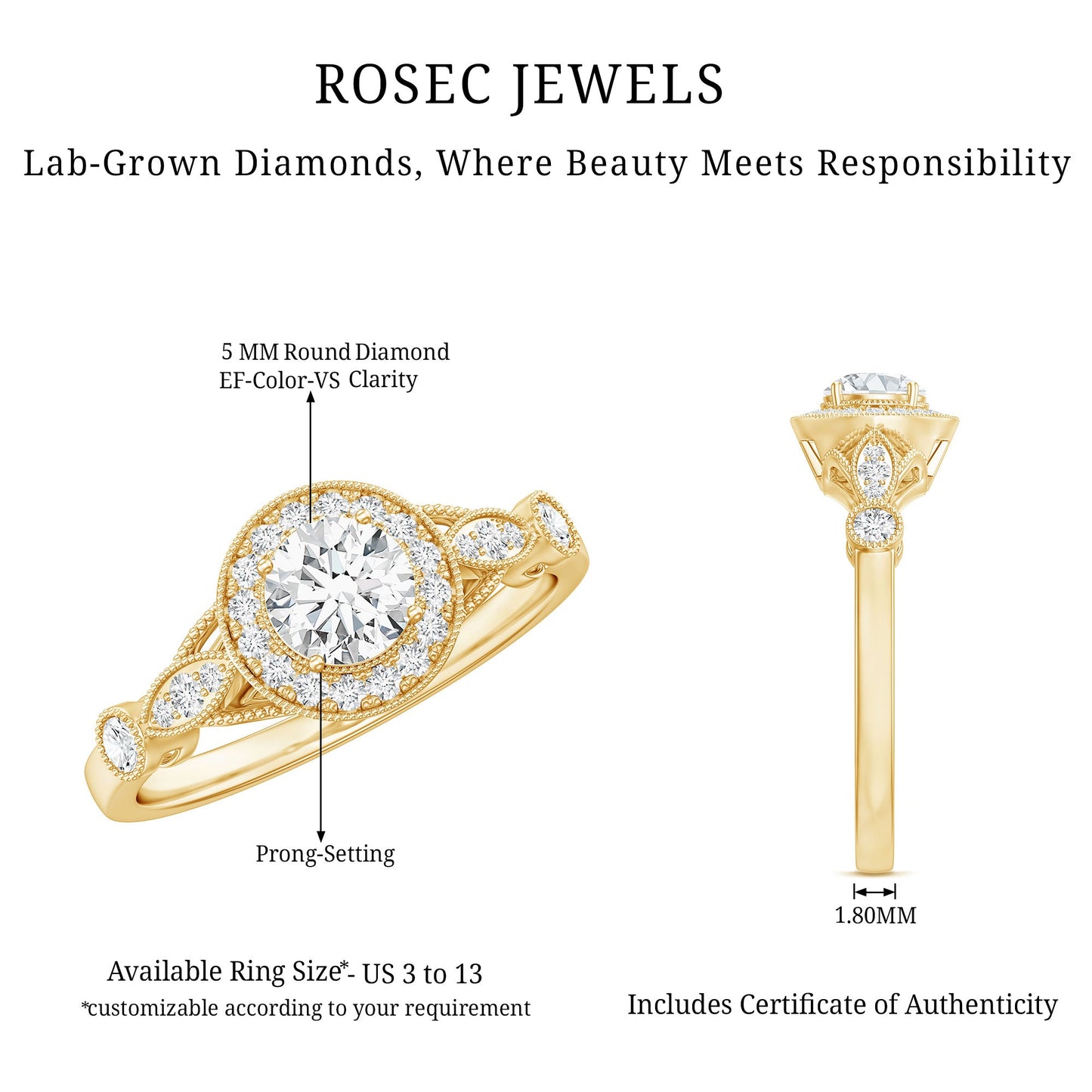 Vintage Looking 0.4 Carat Lab Grown Diamond Halo Engagement Ring With Side Stones