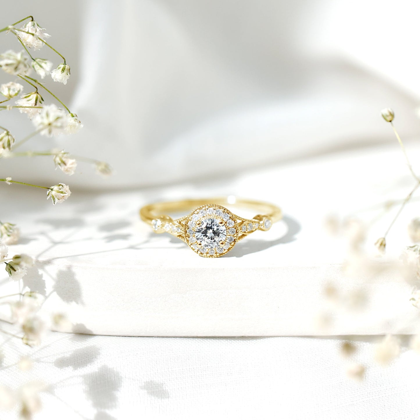 Vintage Looking 0.4 Carat Lab Grown Diamond Halo Engagement Ring With Side Stones