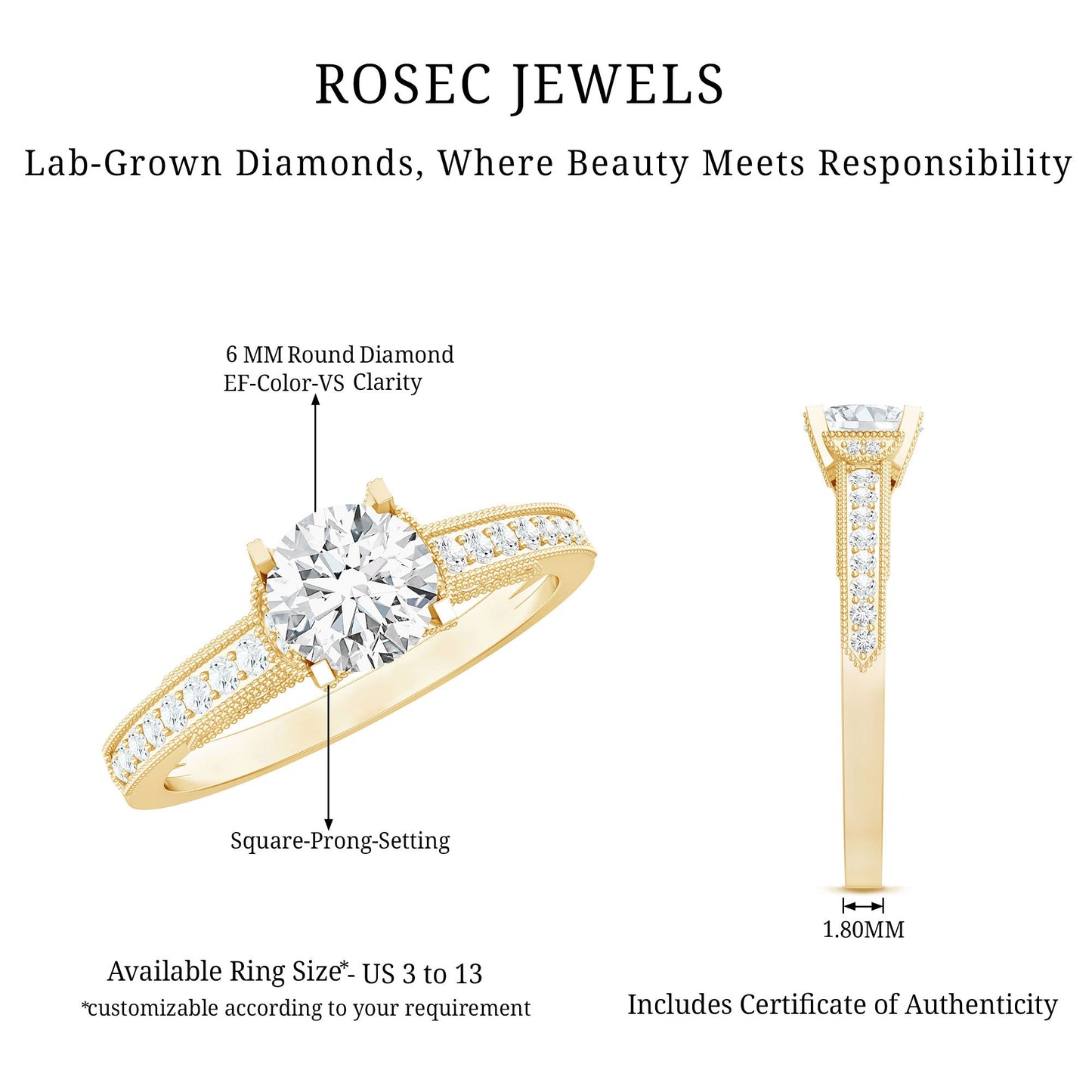 0.9 Carat Certified Lab Grown Diamond Round Engagement Ring With Side Stones