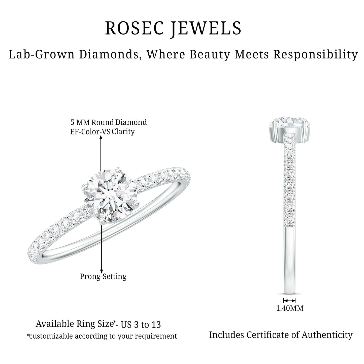 Certified 5 MM Lab Grown Diamond Engagement Ring With Side Stones