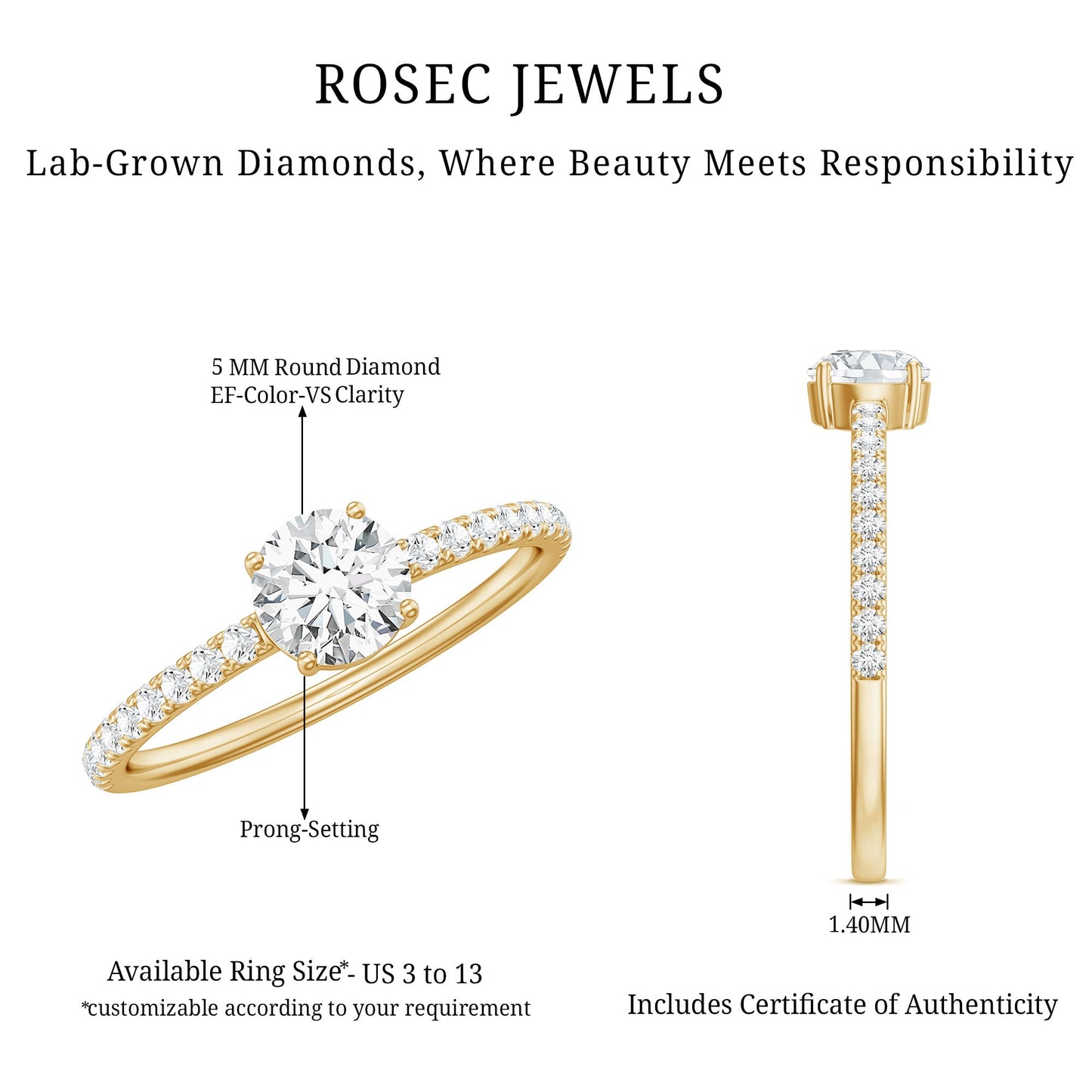 Certified 5 MM Lab Grown Diamond Engagement Ring With Side Stones