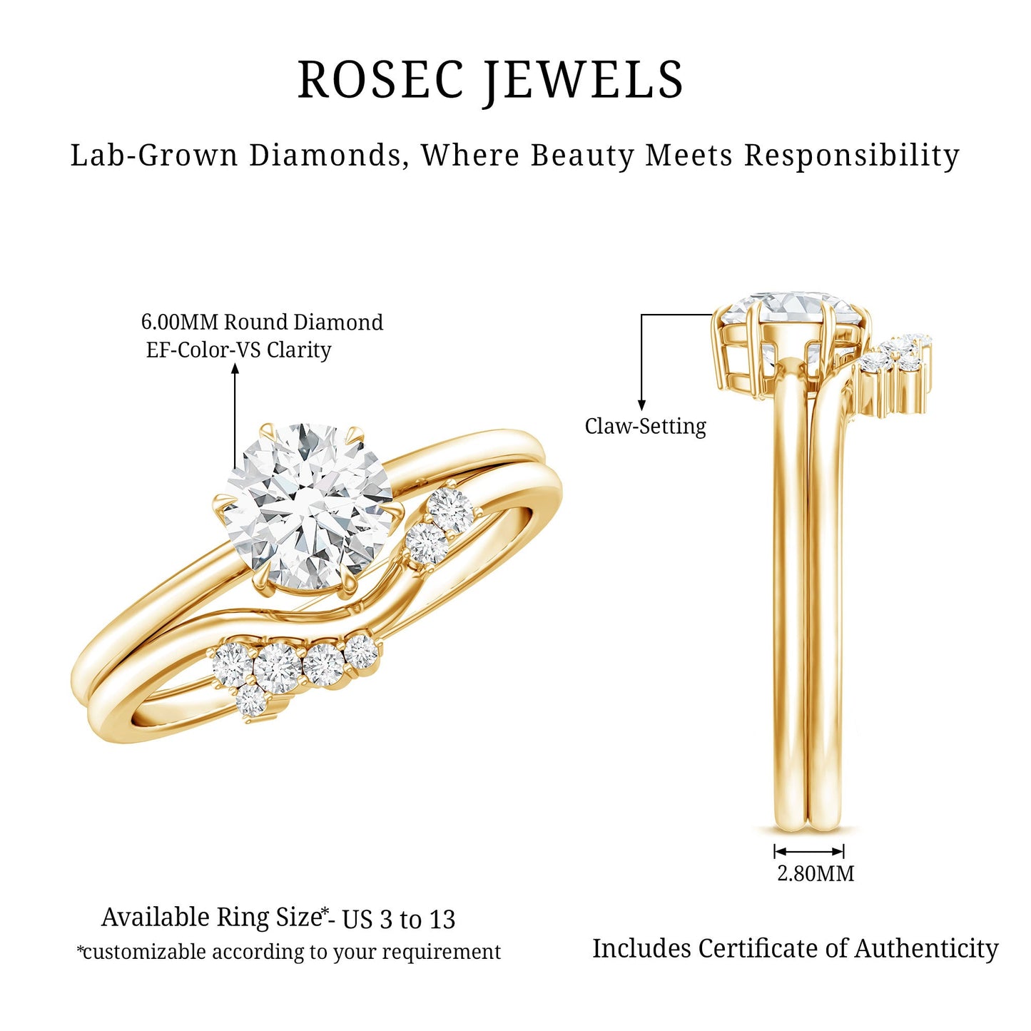 Certified 6 MM Lab Grown Diamond Designer Bridal Ring Set
