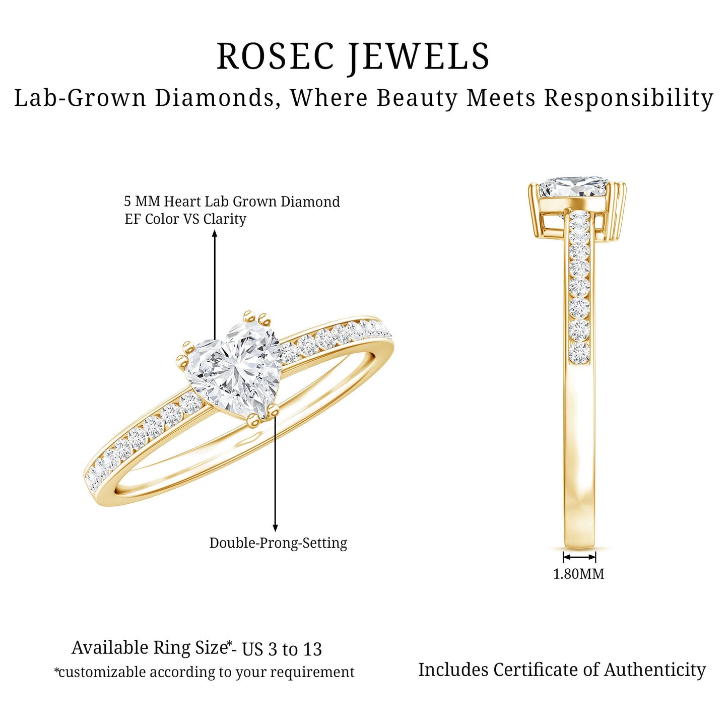 Lab Grown Diamond 0.5 Carat Heart Engagement Ring With Side Stones