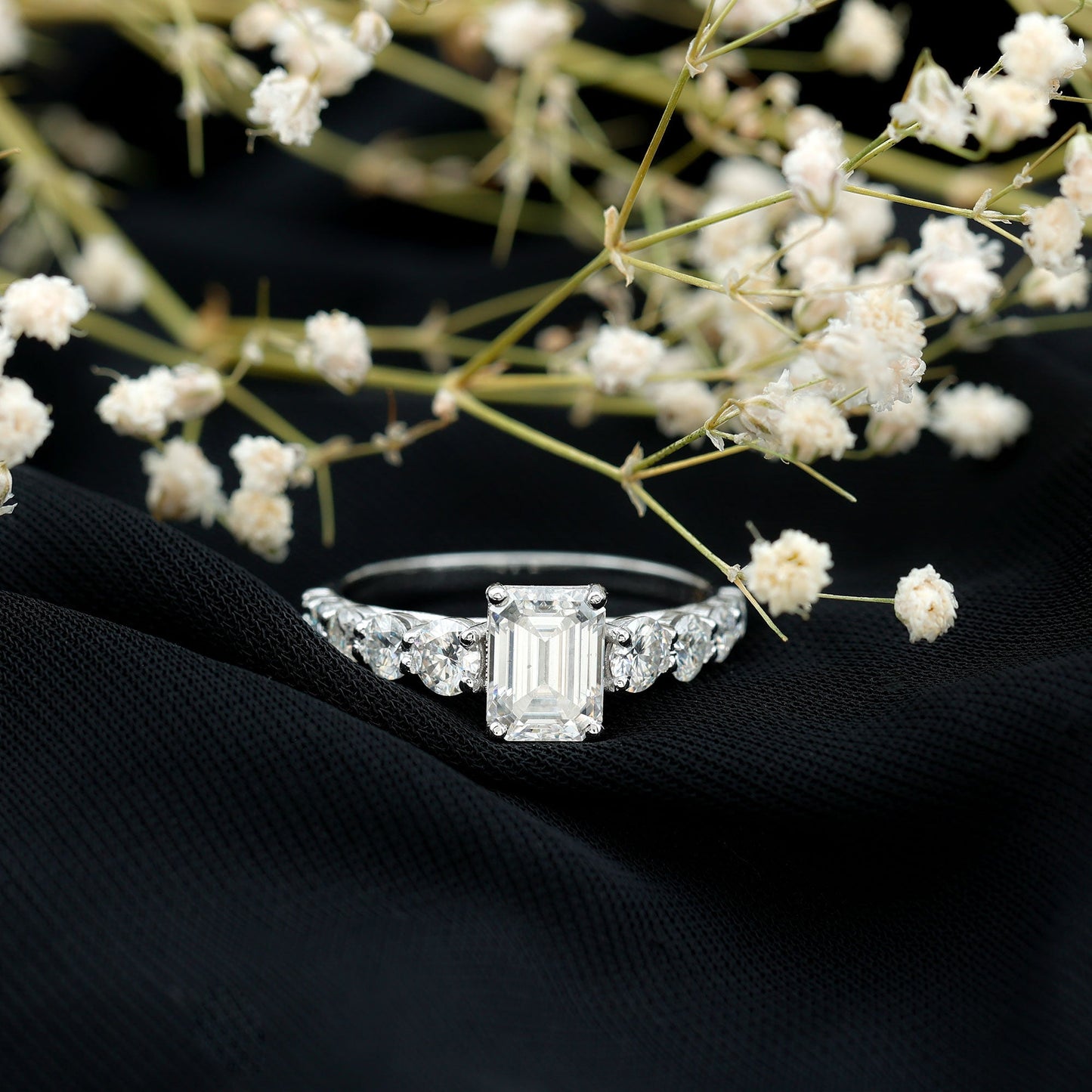1.8 Carat Lab Grown Diamond Emerald Cut Engagement Ring With Side Stones