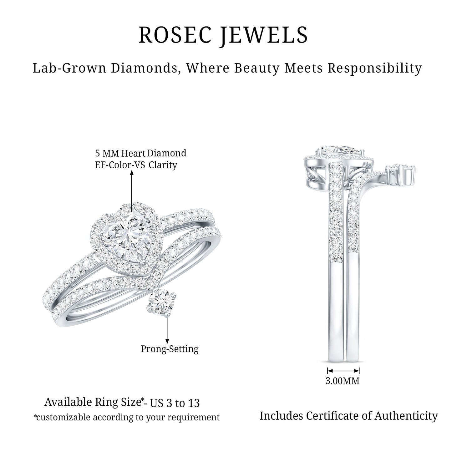 Certified 0.5 Carat Lab Grown Diamond Heart Bridal Ring Set