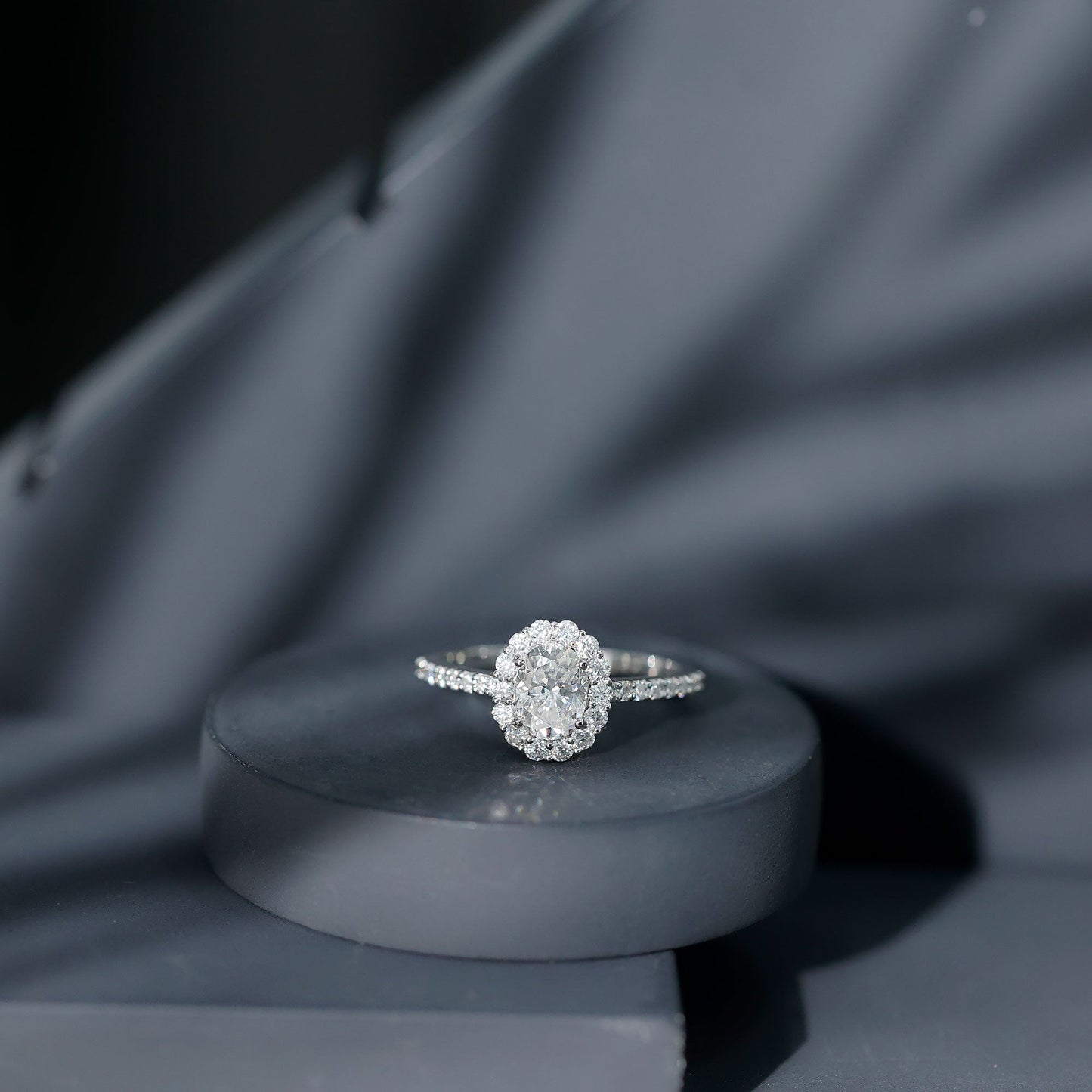 Lab Grown Diamond 1.2 Carat Oval Halo Engagement Ring With Side Stones