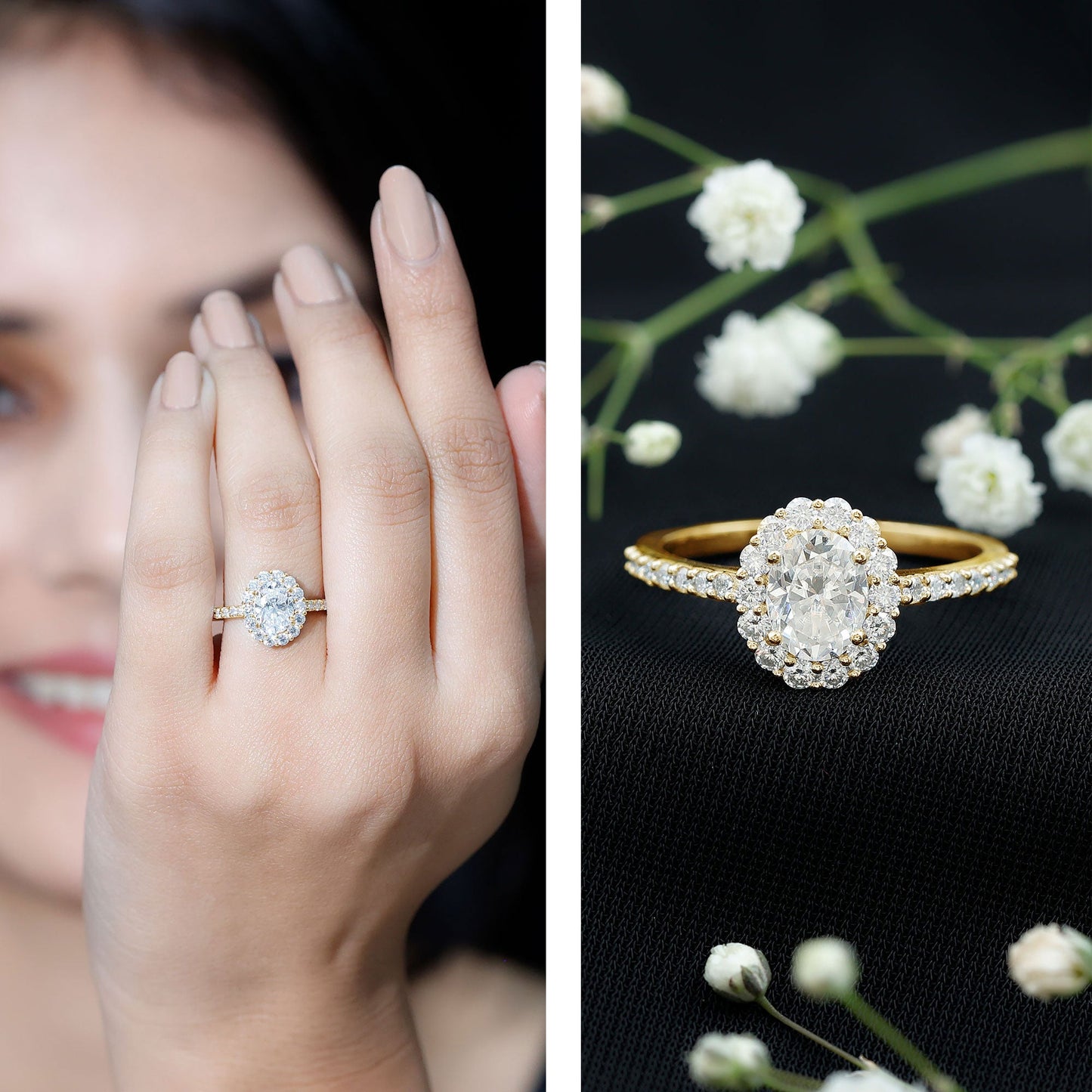 Lab Grown Diamond 1.2 Carat Oval Halo Engagement Ring With Side Stones