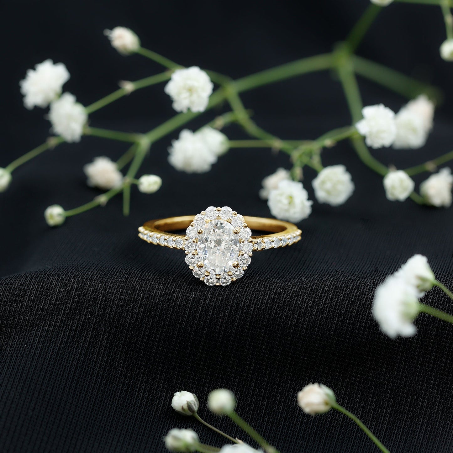 Lab Grown Diamond 1.2 Carat Oval Halo Engagement Ring With Side Stones