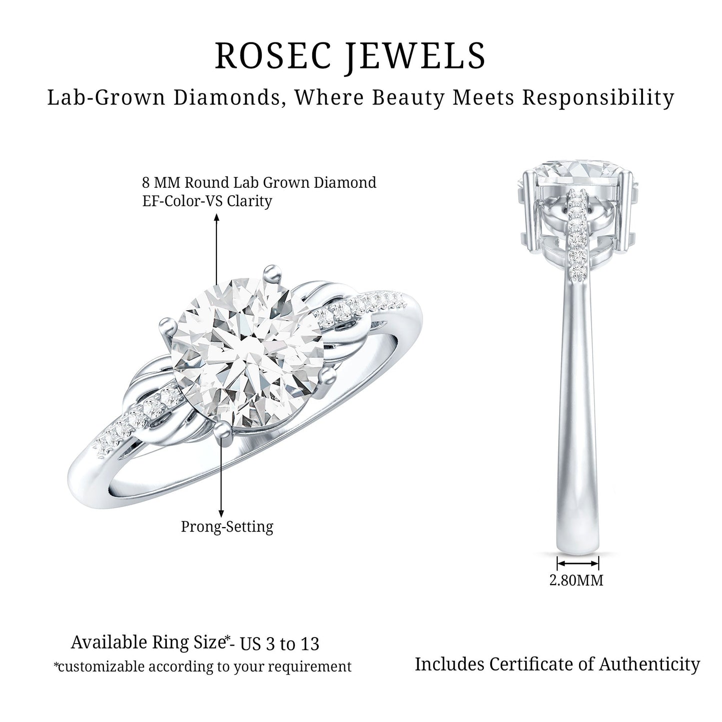Certified 2 Carat Round Lab Grown Diamond Unique Engagement Ring