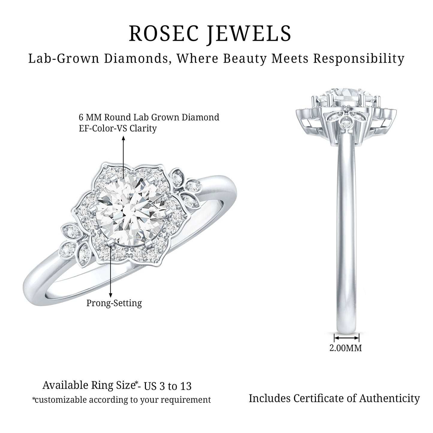 Certified Lab Grown Diamond Art Deco Flower Engagement Ring