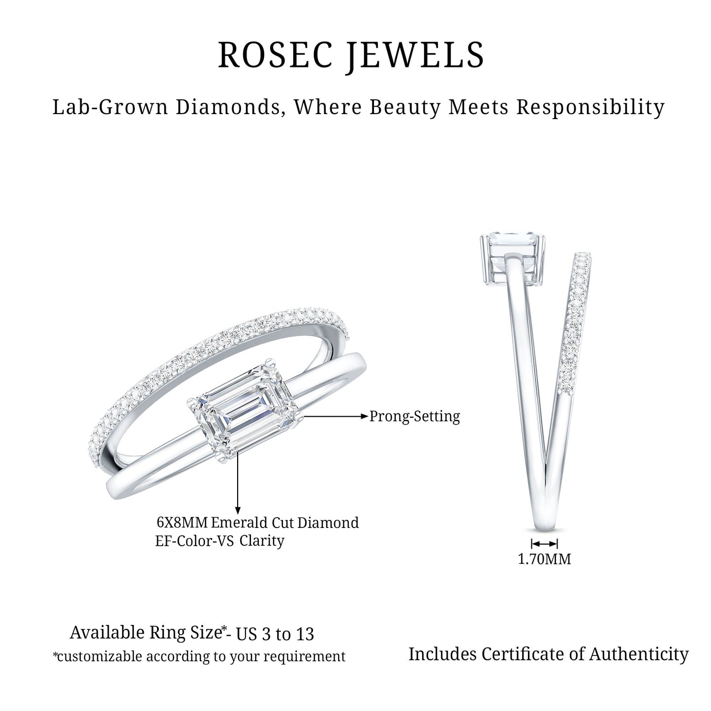 1.8 Carat Emerald Cut Lab Grown Diamond Double Band Engagement Ring