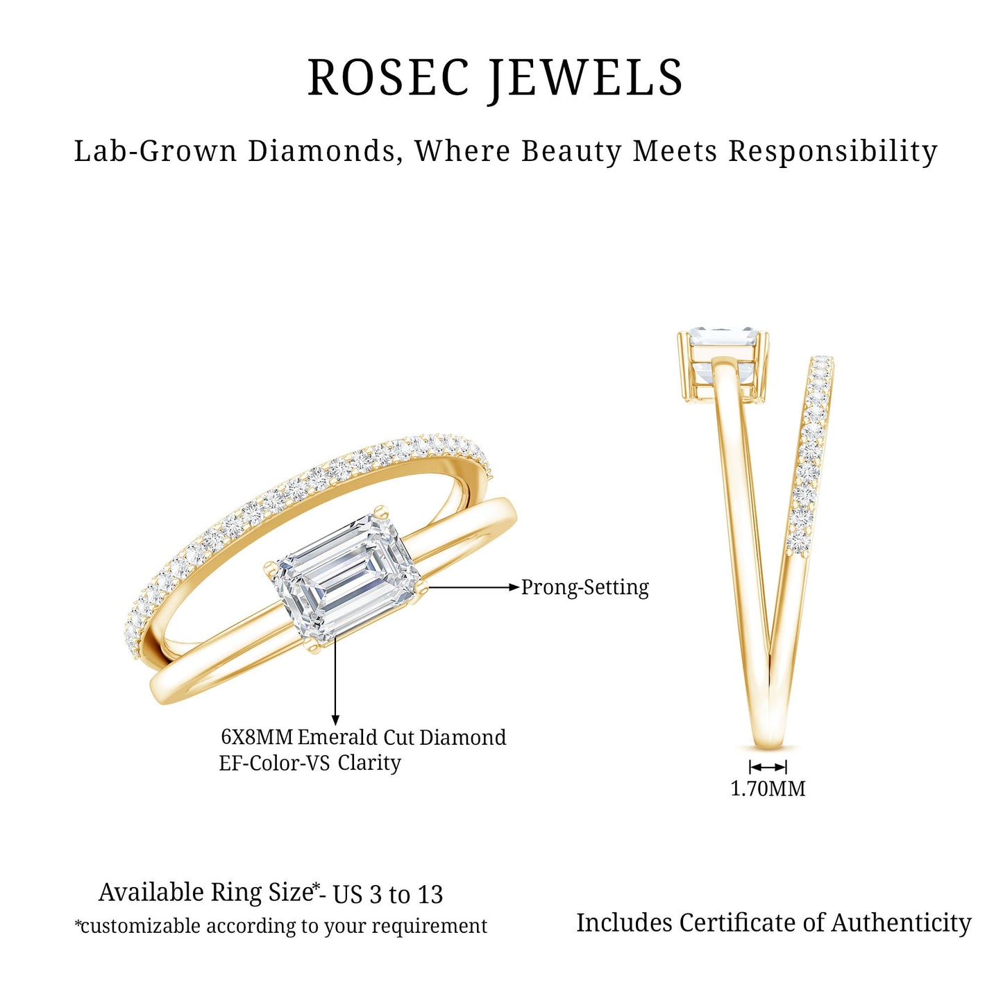 1.8 Carat Emerald Cut Lab Grown Diamond Double Band Engagement Ring