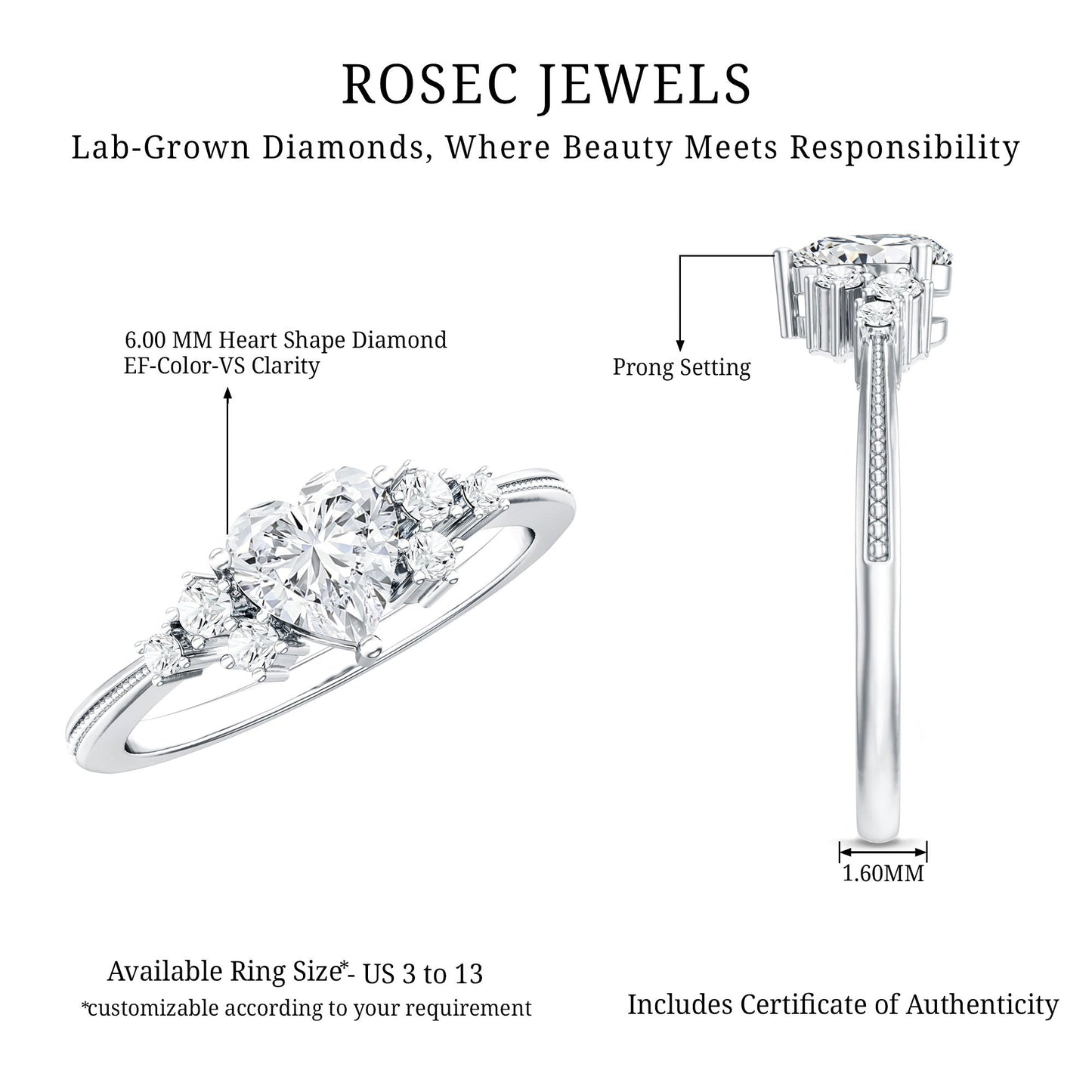 0.75 Carat Lab Grown Diamond Heart Shaped Engagement Ring