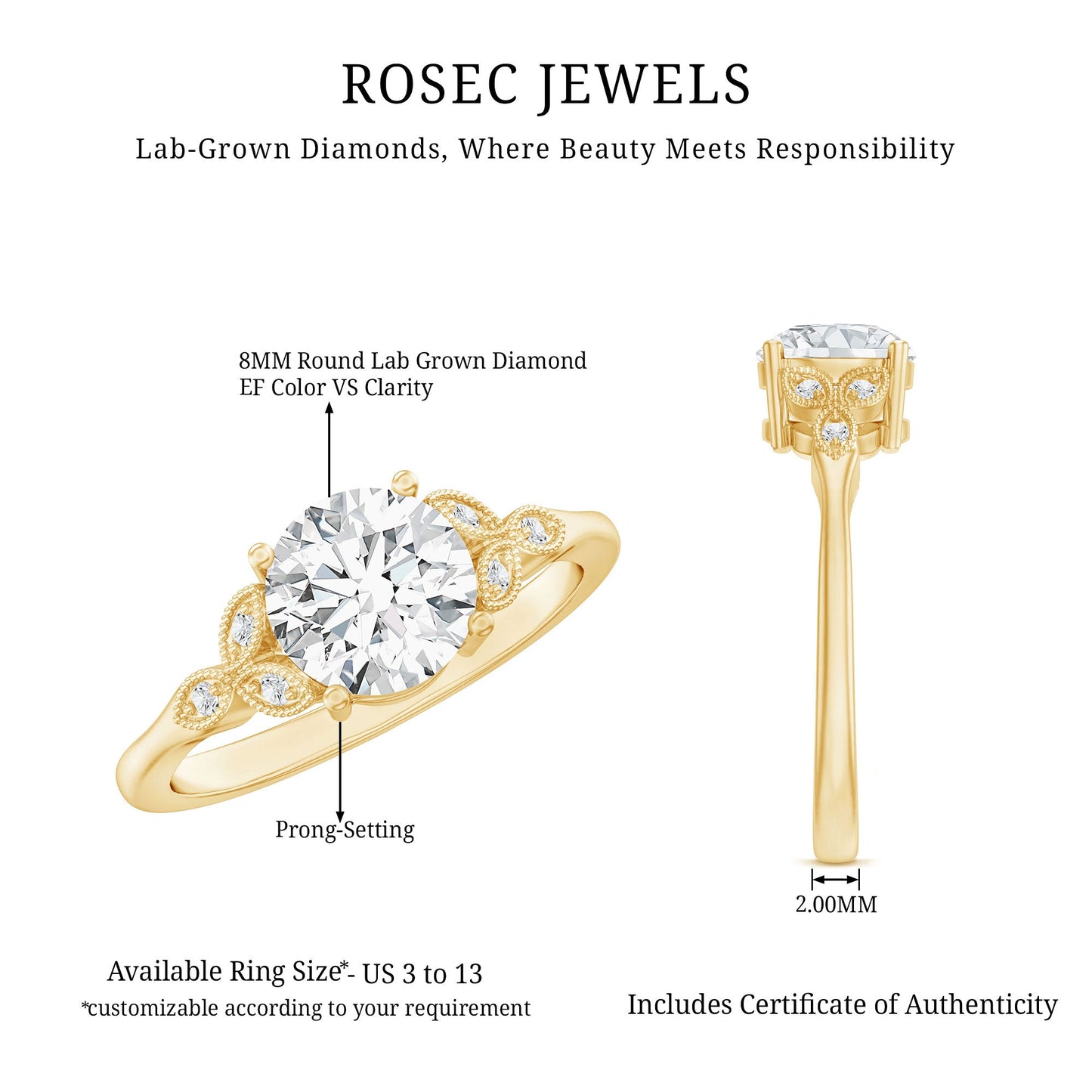 2 Carat Round Lab Grown Diamond Unique Engagement Ring