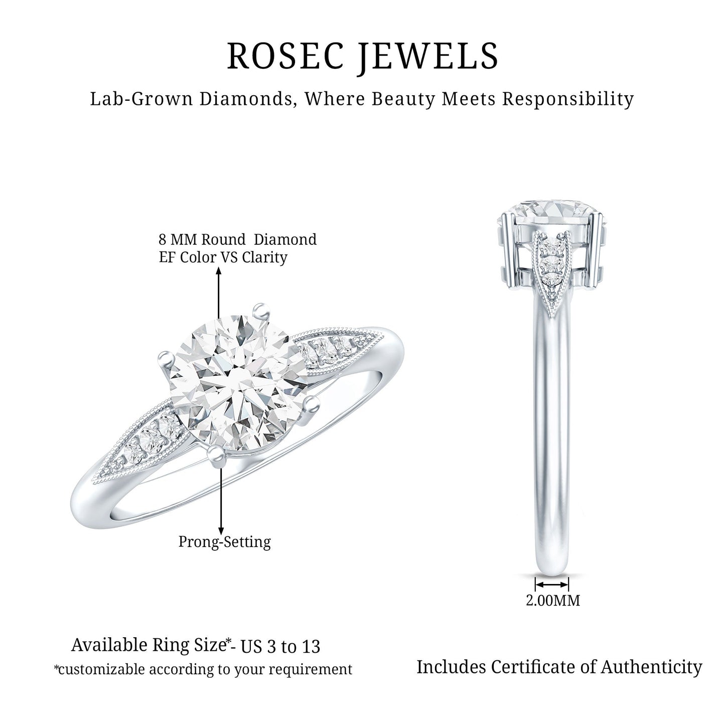 Certified 2 Carat Lab Grown Diamond Classic Engagement Ring