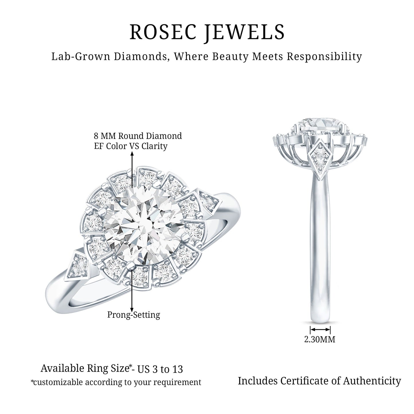 Certified 2 Carat Lab Grown Diamond Flower Halo Engagement Ring