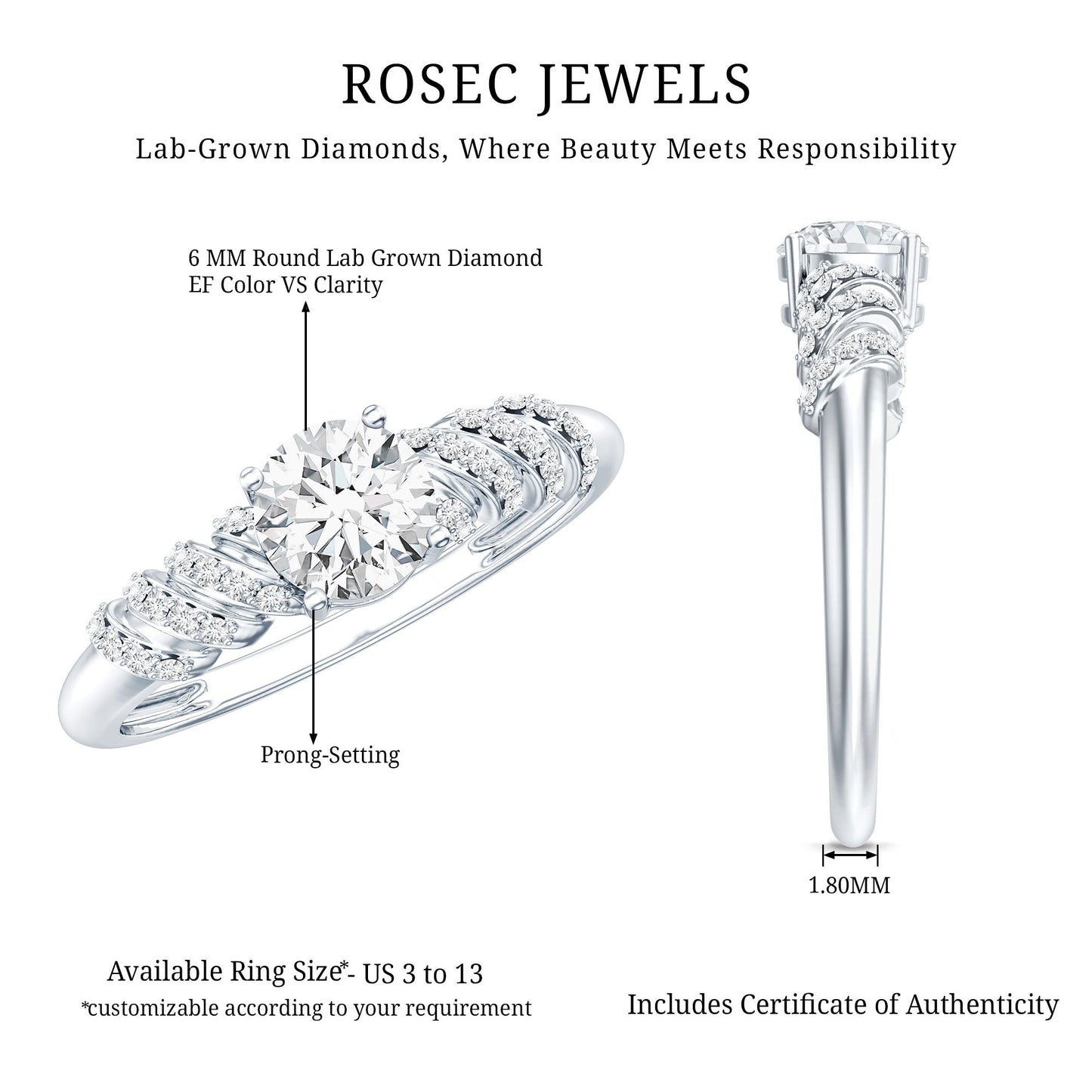 0.9 Carat Lab Grown Diamond Designer Engagement Ring With Side Stones