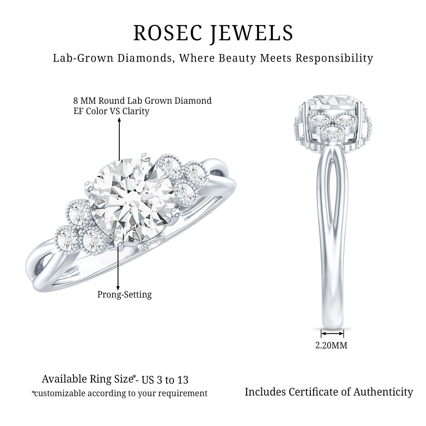 2 Carat Solitaire Lab Diamond Engagement Ring With Diamond Trio